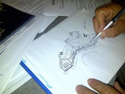 starting point rough sketch of a horse barn design based on client idea